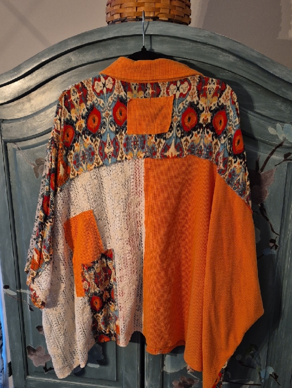 POL Patchwork Button-Down Shirt in Orange, Cream, Multicolor Floral - Picture 2 of 5